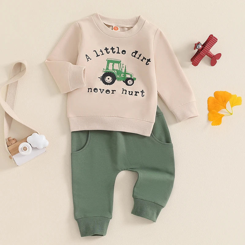 Boy's 2-Piece "A Little Dirt Never Hurt" Tractor Sweatshirt & Pants Sets