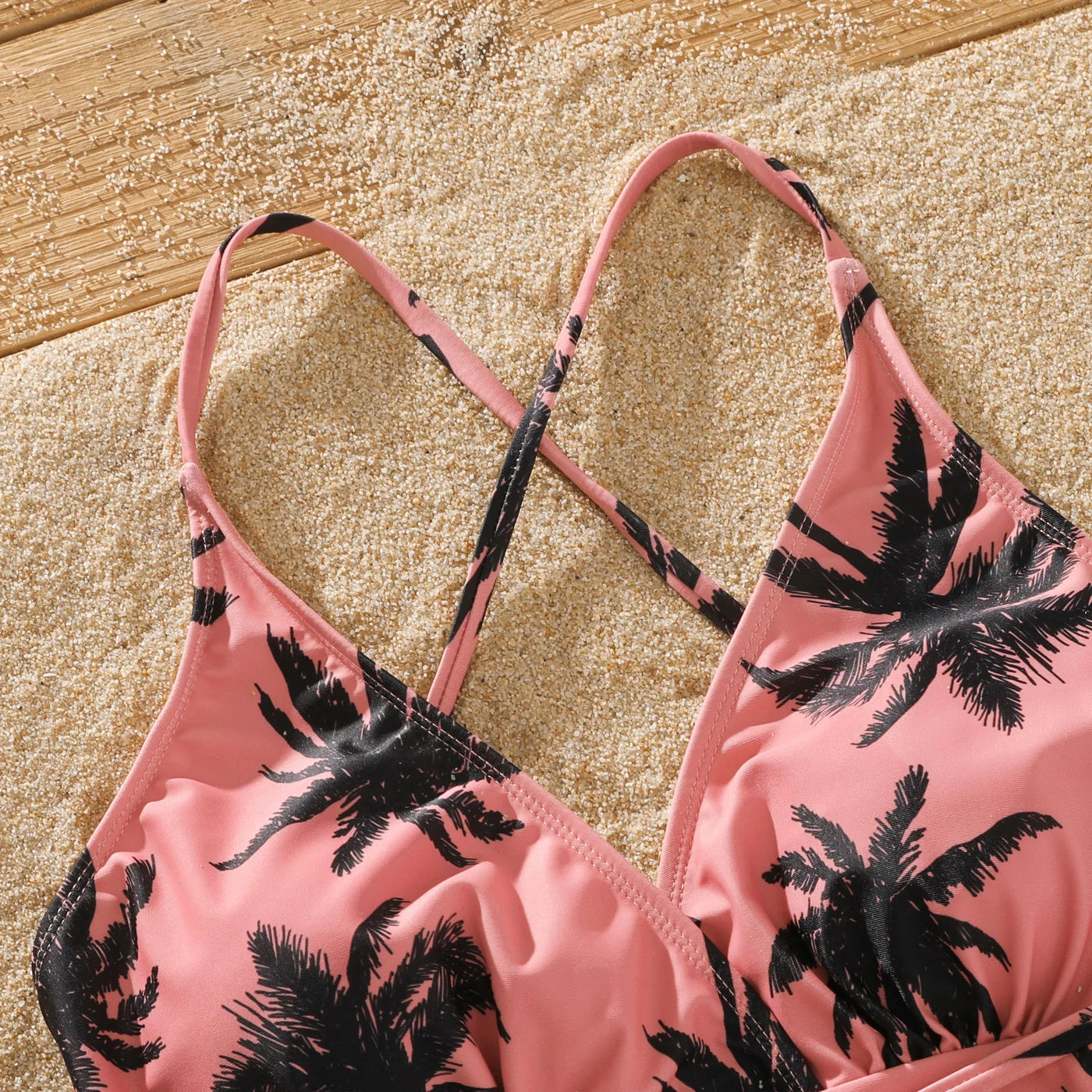 Family Matching! Swimsuit All Over Coconut Tree Print Pink Swim Trunks Shorts & Spaghetti Strap One-Piece Swimsuit