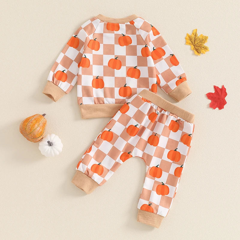 Girl's & Boy's 2-Piece Checkerboard Pumpkin Sweatshirt & Sweatpants Sets