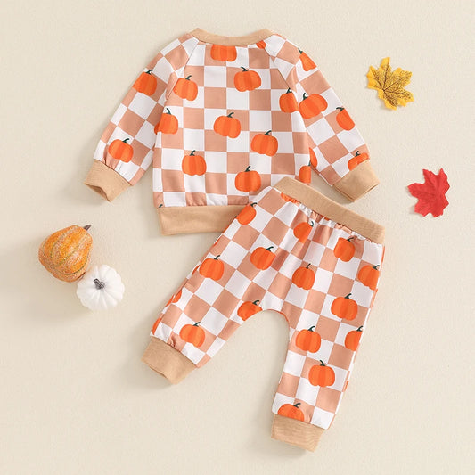 Girl's & Boy's 2-Piece Checkerboard Pumpkin Sweatshirt & Sweatpants Sets