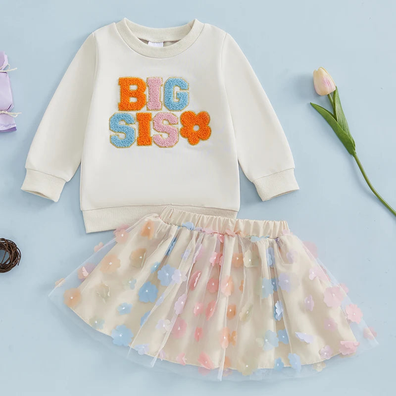 Girl's "Little Sis" & "Big Sis" Embroidered Flower Sweatshirts & Tulle Skirt Sets