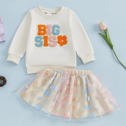 Girl's "Little Sis" & "Big Sis" Embroidered Flower Sweatshirts & Tulle Skirt Sets