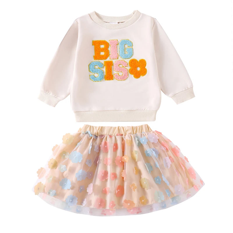 Girl's "Little Sis" & "Big Sis" Embroidered Flower Sweatshirts & Tulle Skirt Sets