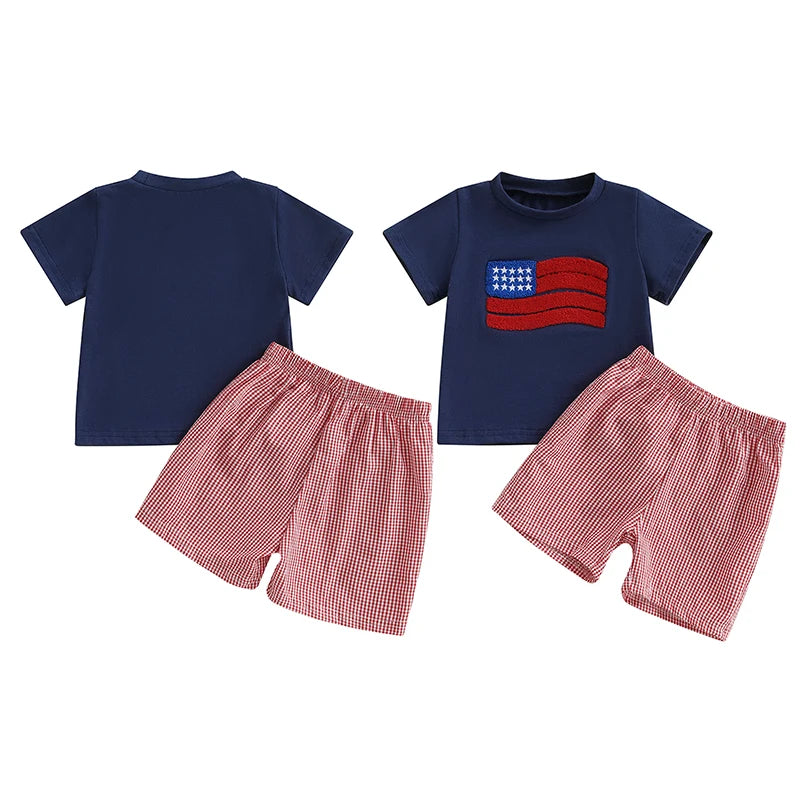 Boy's 2-Piece 4th of July Embroidered Flag T-Shirts & Plaid Shorts Sets