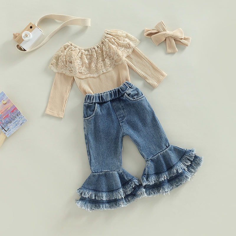 Girl's Ruffled Top, Denim Bell-Bottoms & Bow Headband Sets