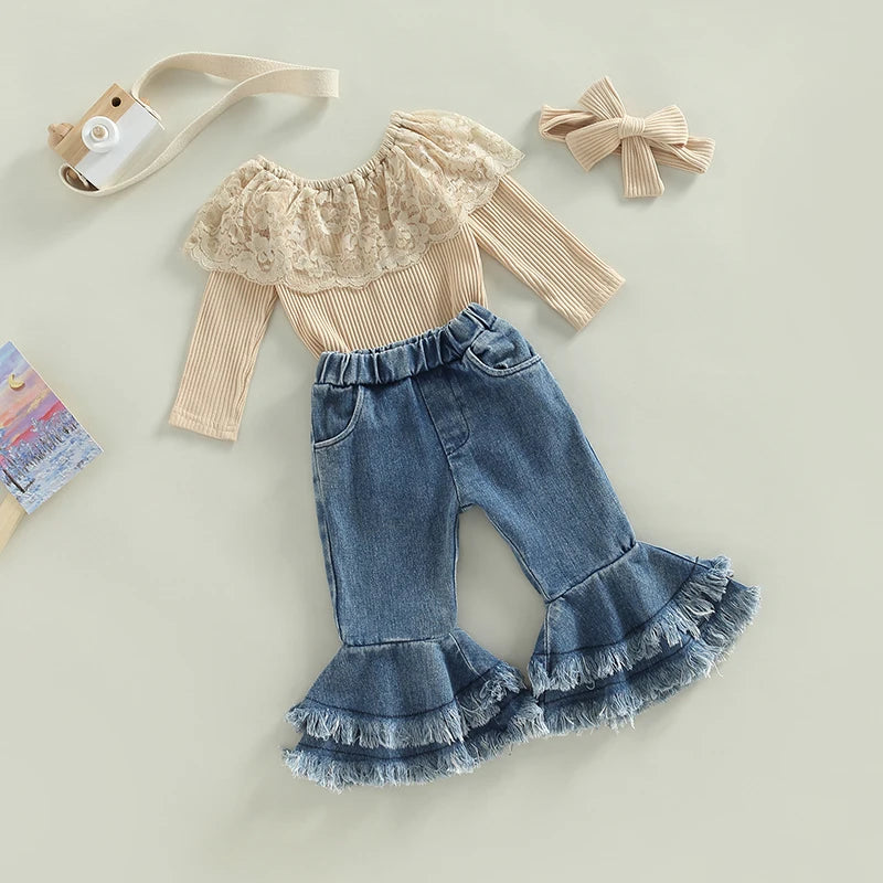 Girl's Ruffled Top, Denim Bell-Bottoms & Bow Headband Sets