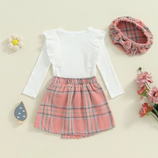 Girl's Ruffled Top, Plaid Skirt & Plaid Hat Sets