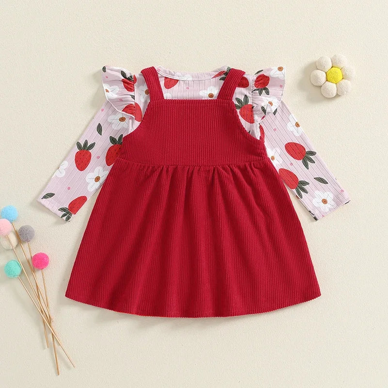 Girl's Floral & Strawberry Print Ruffled Onesie & Bib Overall Dress Sets