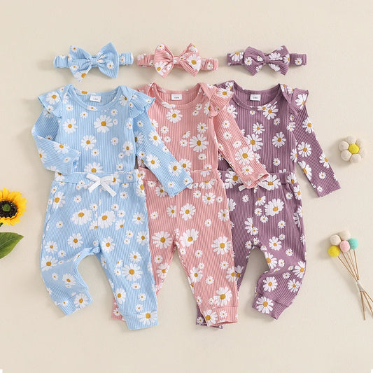 Girl's Floral Onesie, Pants & Bow Headband Sets
