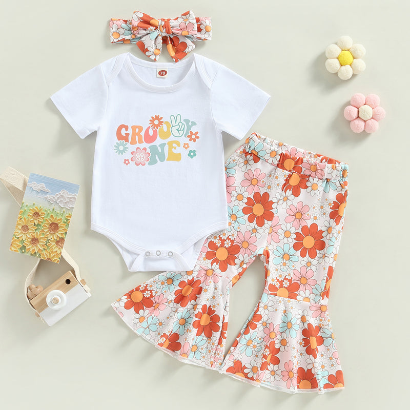 Girl's Floral "Groovie One" Onesie, Flared Pants & Bow Headband Sets