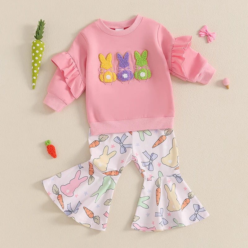 Girl's Easter & Bunny Embroidered Sweatshirt & Bow Flare Pants Sets