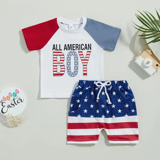 Boy's 2-Piece Independence Day "All American Boy" T-shirt with Stars & Stripes Shorts Sets