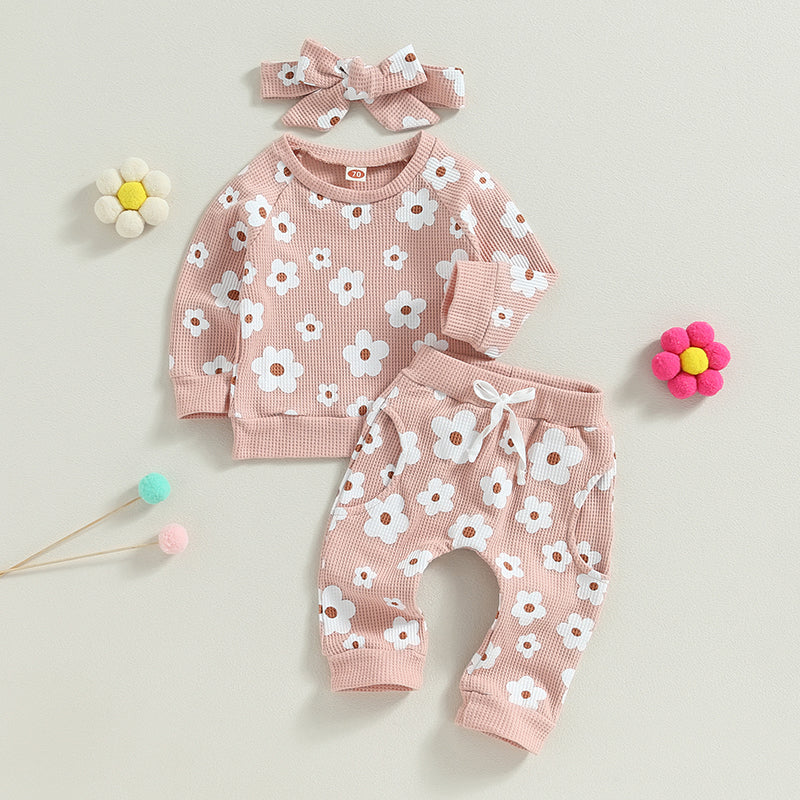 Girl’s 2-Piece Flower Sweatshirt, Pants& Bow Headband Sets