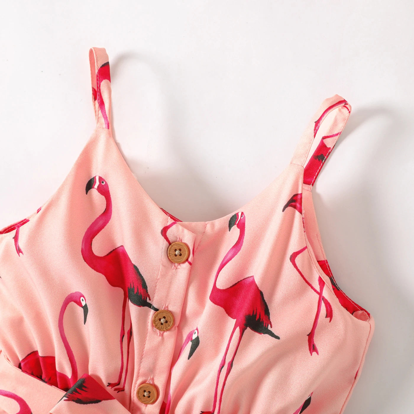 Girl's Flamingo Print Button Belted Cami Romper Shorts