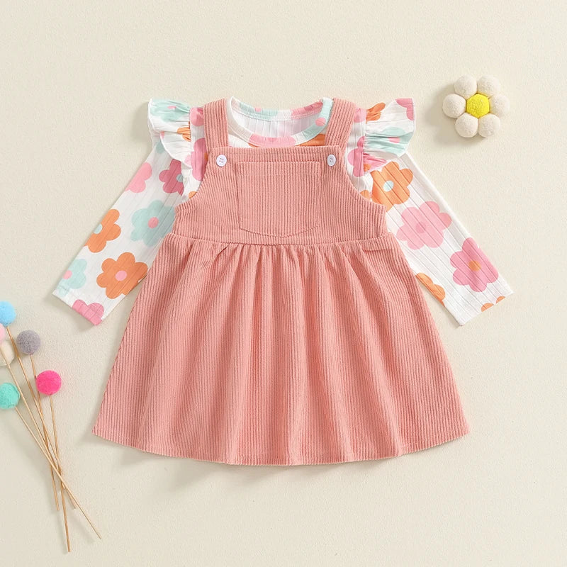 Girl's Floral & Strawberry Print Ruffled Onesie & Bib Overall Dress Sets