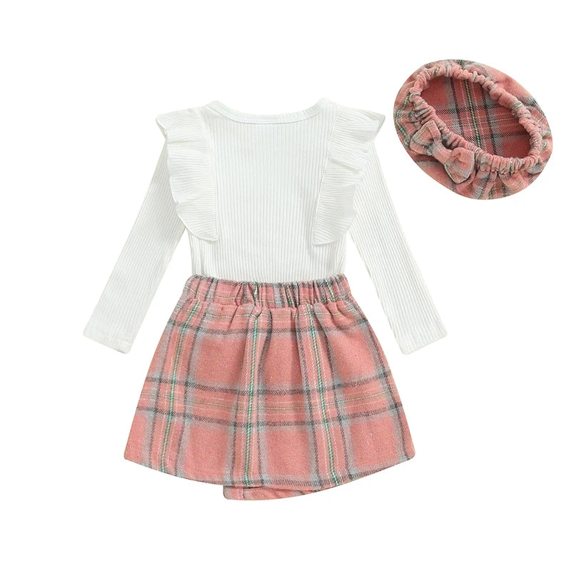 Girl's Ruffled Top, Plaid Skirt & Plaid Hat Sets