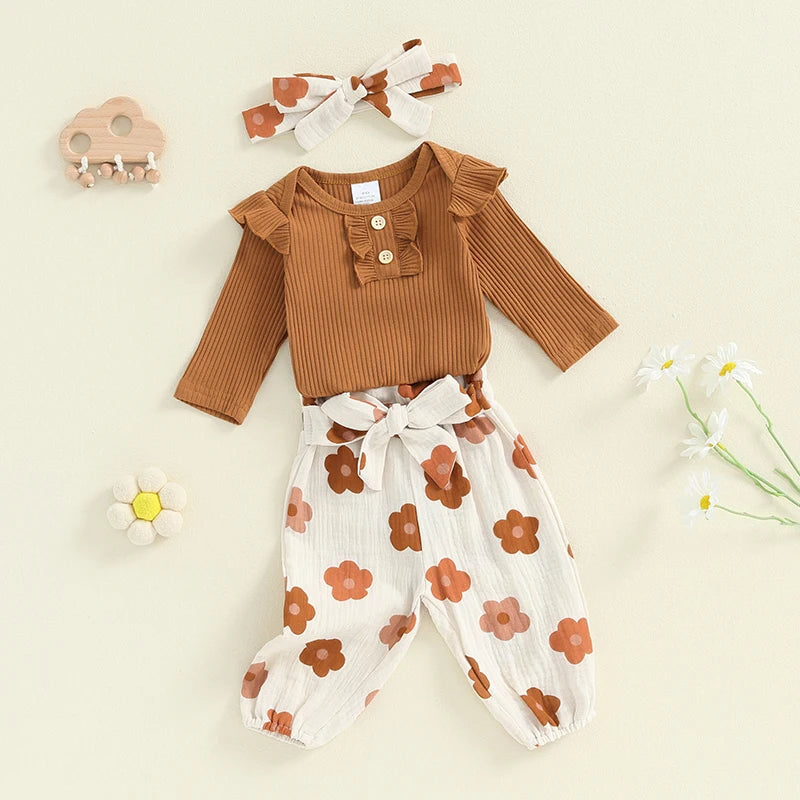 Girl's Floral or Strawberry Print Onesies, Pants & Bow Headband Sets