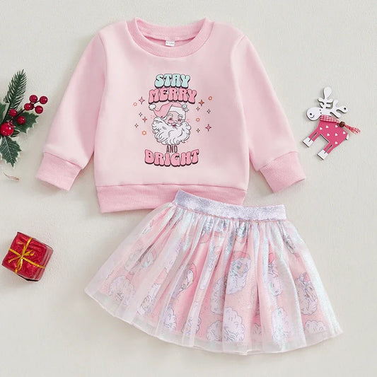Girl's 2-Piece Christmas Santa "Stay Merry & Bright" Sweatshirt & Skirt Sets