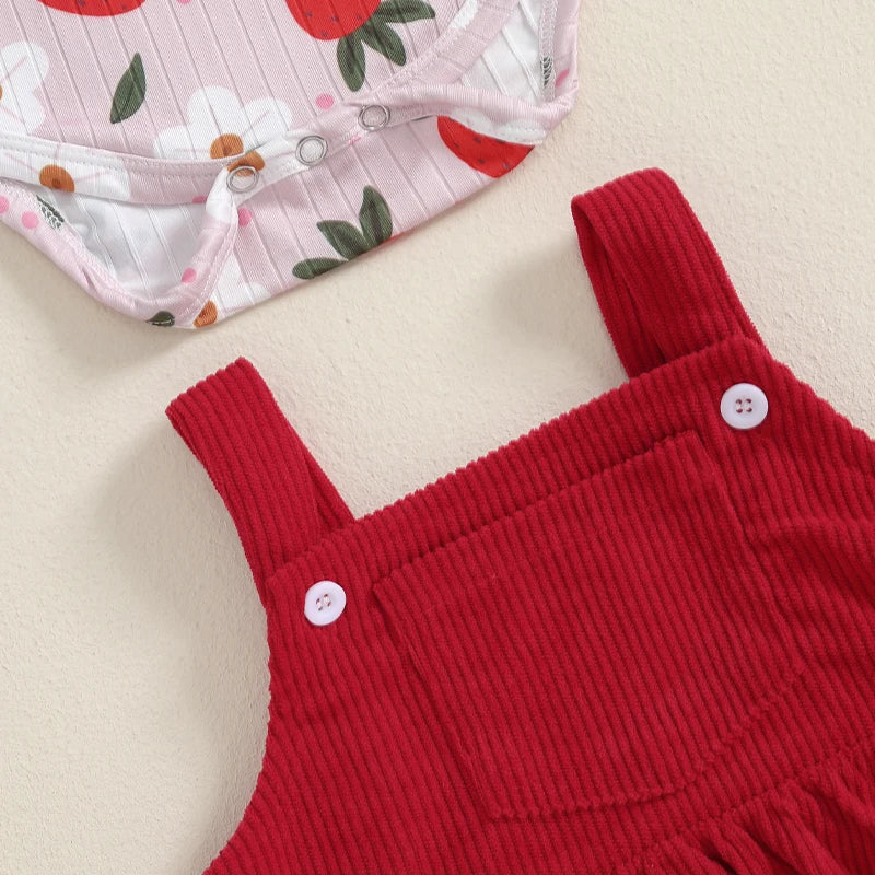 Girl's Floral & Strawberry Print Ruffled Onesie & Bib Overall Dress Sets