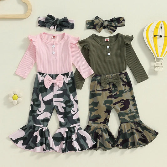 Girl's Ruffled Onesie, Camo Pants & Bow Headband Sets