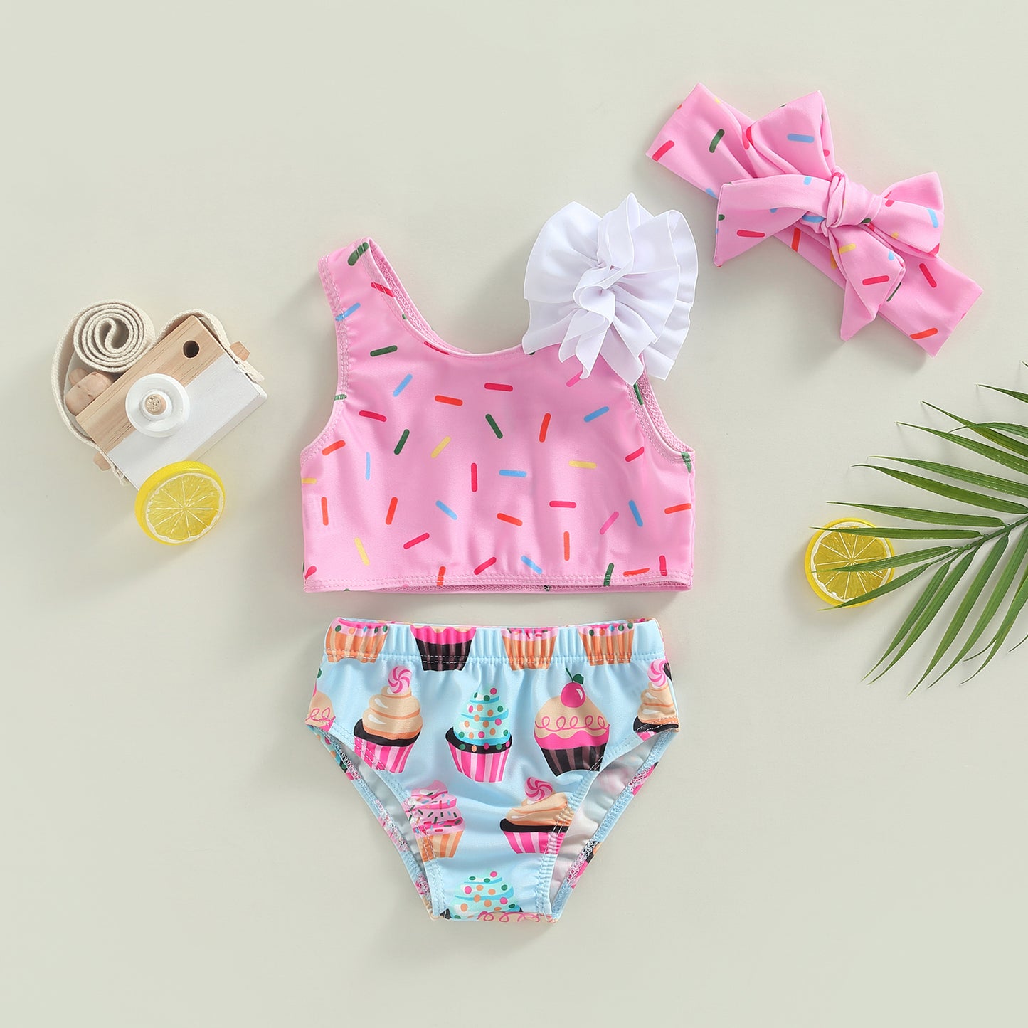 Girl's 3-Piece Dot & Cup Cake Bikinis & Bow Headband Swimsuit Sets
