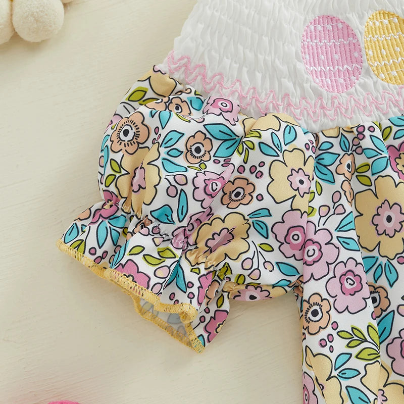 Girl's Smocked Floral Embroidered Easter Bunny Rompers