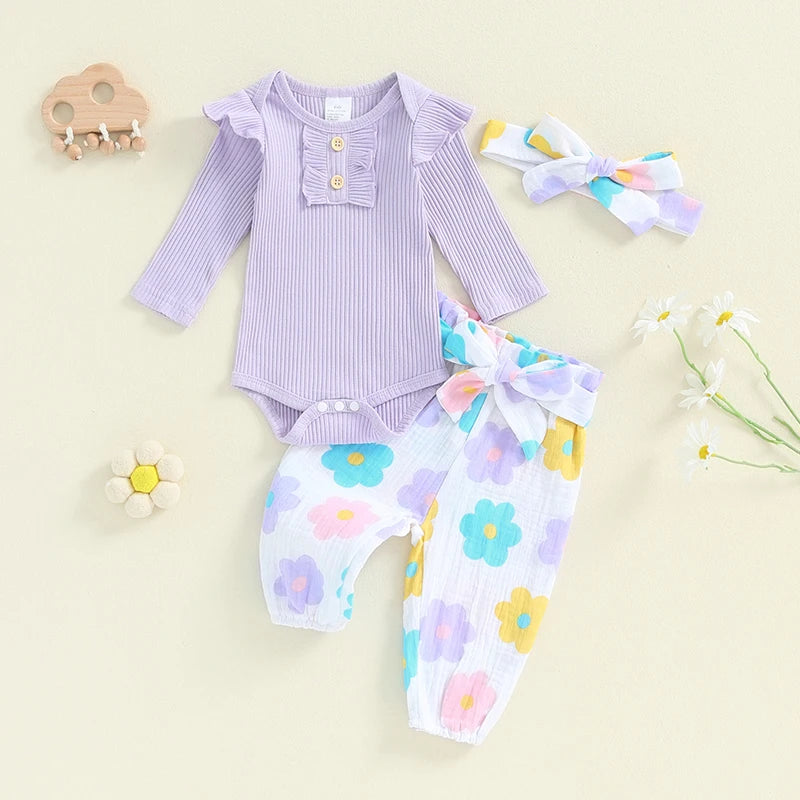 Girl's Floral or Strawberry Print Onesies, Pants & Bow Headband Sets