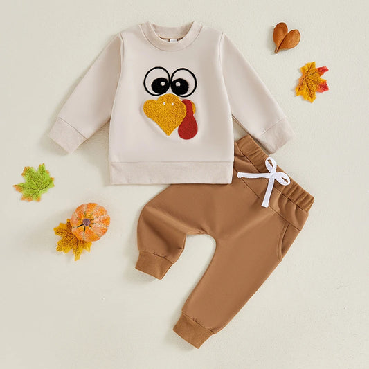 Boy's & Girl's 2-Piece Thanksgiving Embroidered Turkey Sweatshirts & Sweatpants Sets