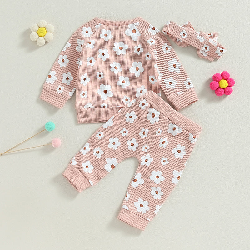 Girl’s 2-Piece Flower Sweatshirt, Pants& Bow Headband Sets
