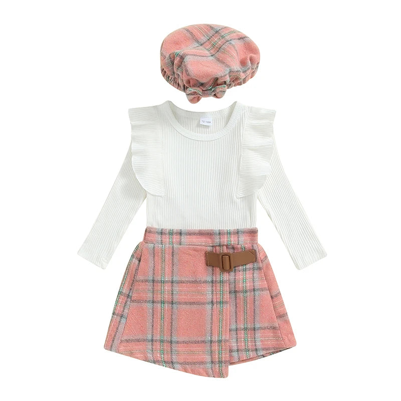 Girl's Ruffled Top, Plaid Skirt & Plaid Hat Sets