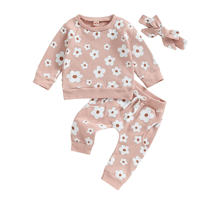 Girl’s 2-Piece Flower Sweatshirt, Pants& Bow Headband Sets