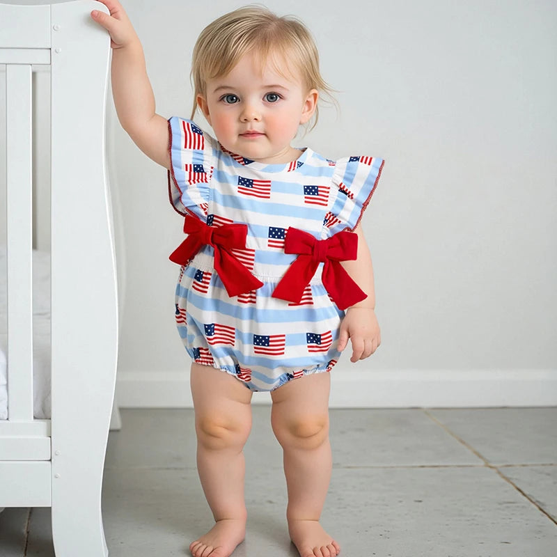 Girl's American Flag 4th of July Doll Collar Bowed Rompers