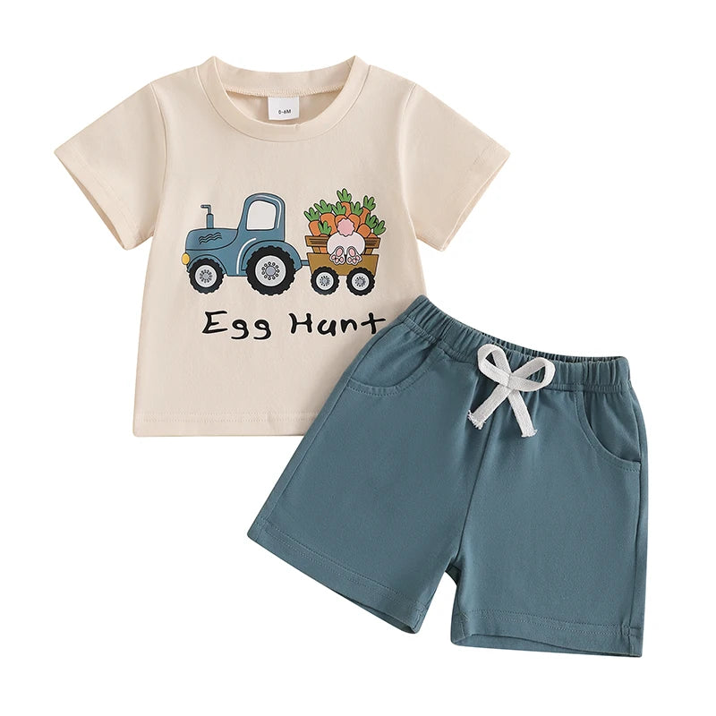 Boy's Easter Eggs/Bunny/Carrot/Tractor T-Shirt & Shorts Sets