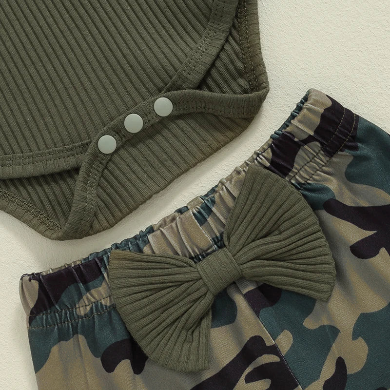 Girl's Ruffled Onesie, Camo Pants & Bow Headband Sets