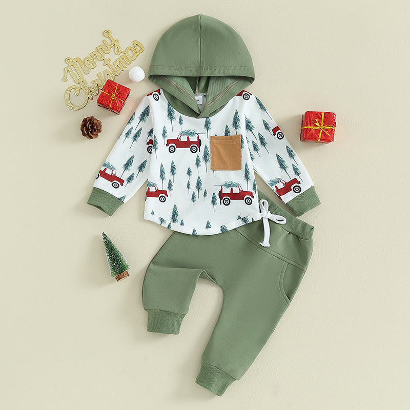 Boy's 2-Piece Christmas Truck & Christmas Tree Hooded Sweatshirt & Pants Sets