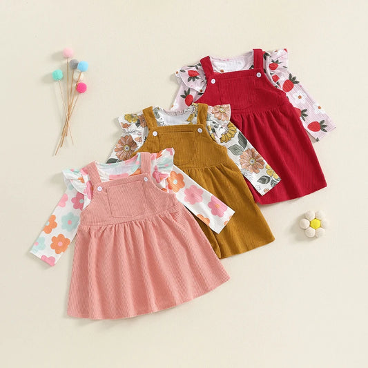 Girl's Floral & Strawberry Print Ruffled Onesie & Bib Overall Dress Sets