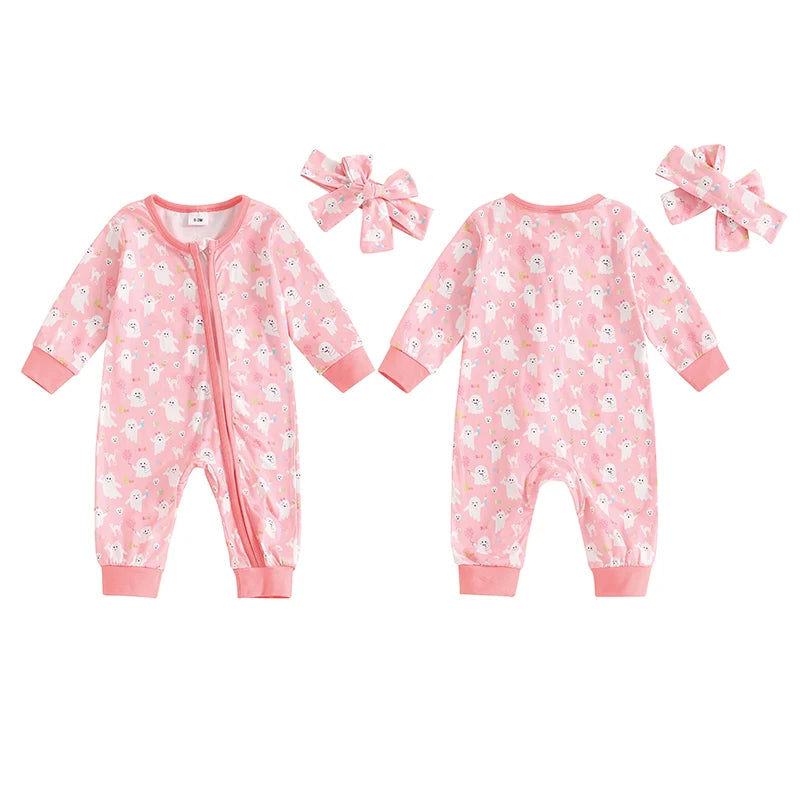 Girl's 2-Piece Long Sleeve Ghost Print Halloween Jumpsuit with Headband