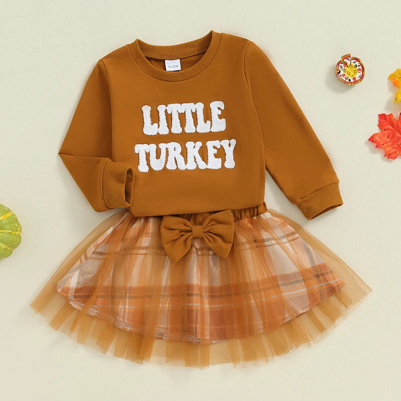 Girl's 2-Piece Embroidered "Little Turkey" Thanksgiving Sweatshirt & Plaid Tulle Skirt Sets