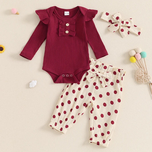 Girl's Onesie, Polka Dot Pants & Bow Headband Sets