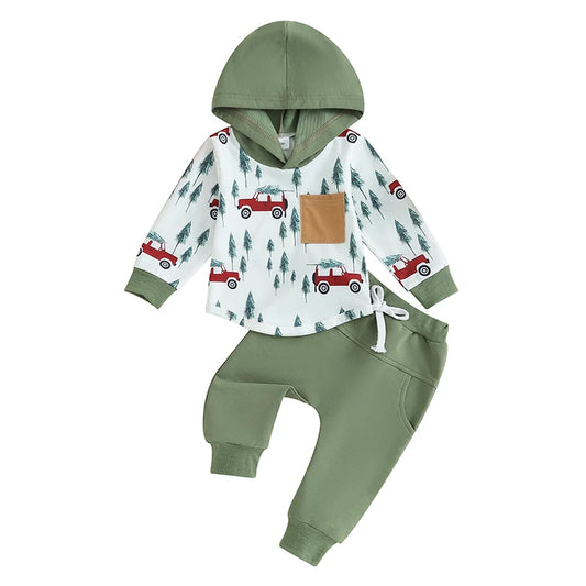 Boy's 2-Piece Christmas Truck & Christmas Tree Hooded Sweatshirt & Pants Sets