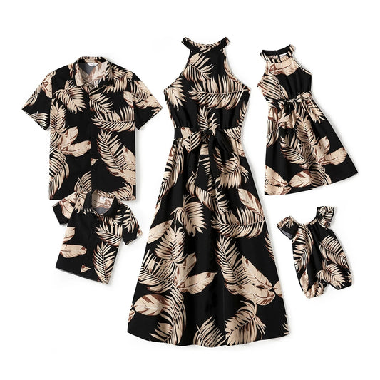Family Matching! Solid Leaf Sleeveless Halter Dresses & Short Sleeve Tops