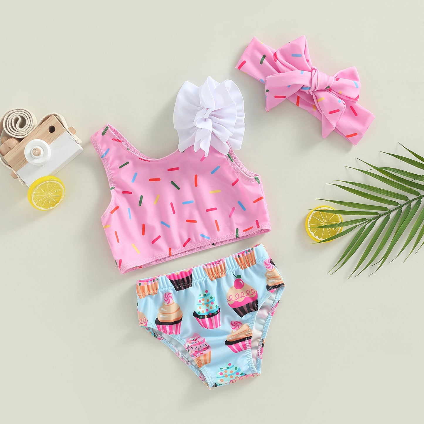 Girl's 3-Piece Dot & Cup Cake Bikinis & Bow Headband Swimsuit Sets
