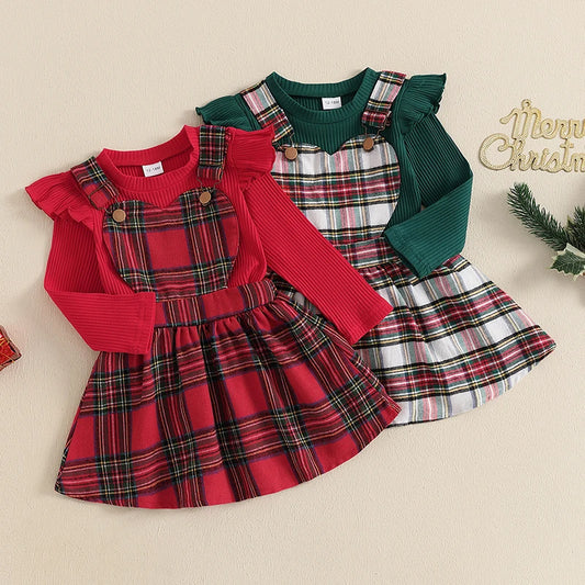 Girl's 2-Piece Christmas Ruffled Tops & Plaid Overall Dress Sets