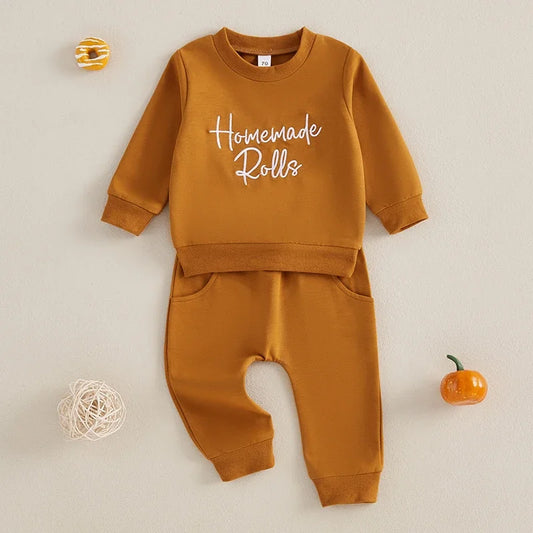 Boy's & Girl's 2-Piece Thanksgiving Embroidered "Homemade Rolls" Sweatshirts & Pants Sets
