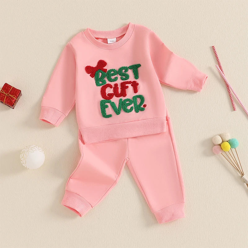 Girl's 2-Piece Christmas Embroidered "Best Gift Ever" Sweatshirt & Pants Sets