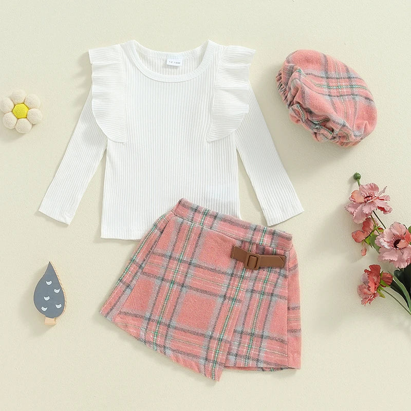 Girl's Ruffled Top, Plaid Skirt & Plaid Hat Sets