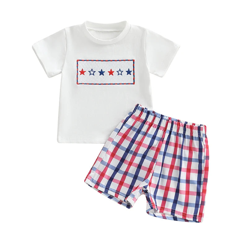 Boy's 2-Piece Embroidered 4th of July T-Shirts & Plaid Shorts Sets