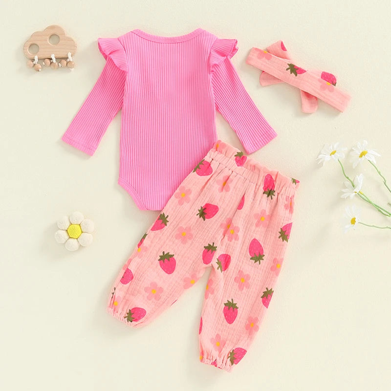 Girl's Floral or Strawberry Print Onesies, Pants & Bow Headband Sets