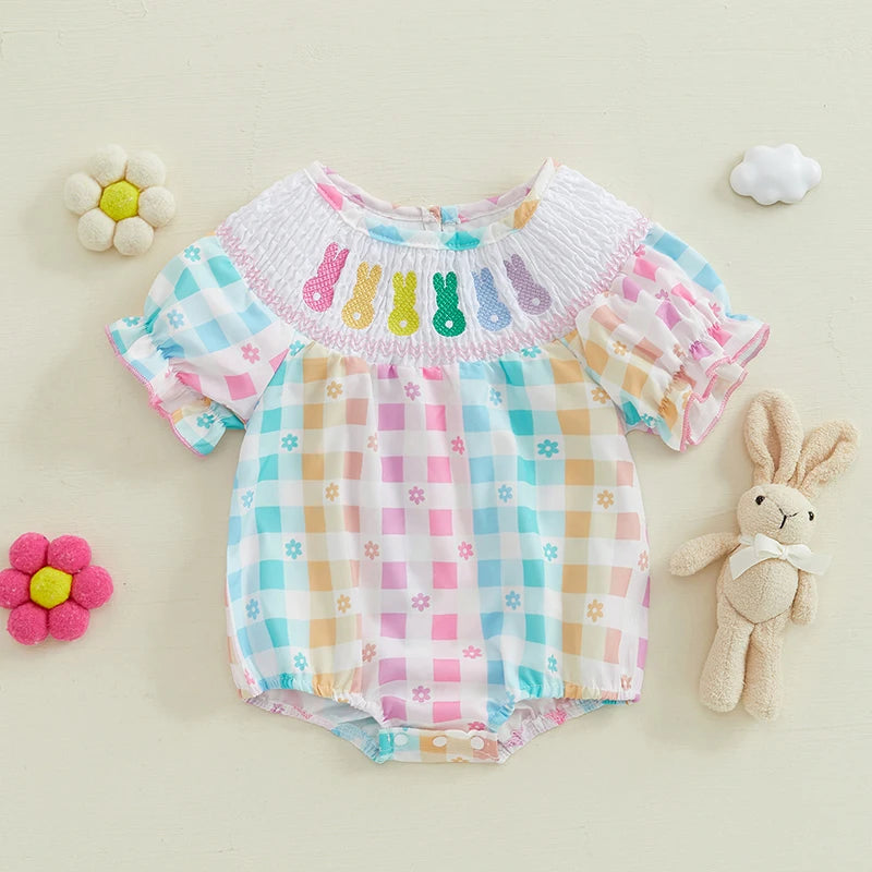 Girl's Smocked Floral Embroidered Easter Bunny Rompers