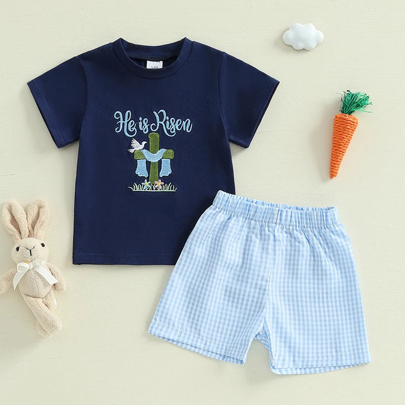 Boy's Easter Bunny/Cross T-shirt Plaid Shorts Set